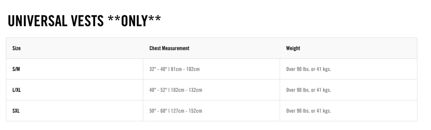 HO Sports Universal Vest 0 Size Chart